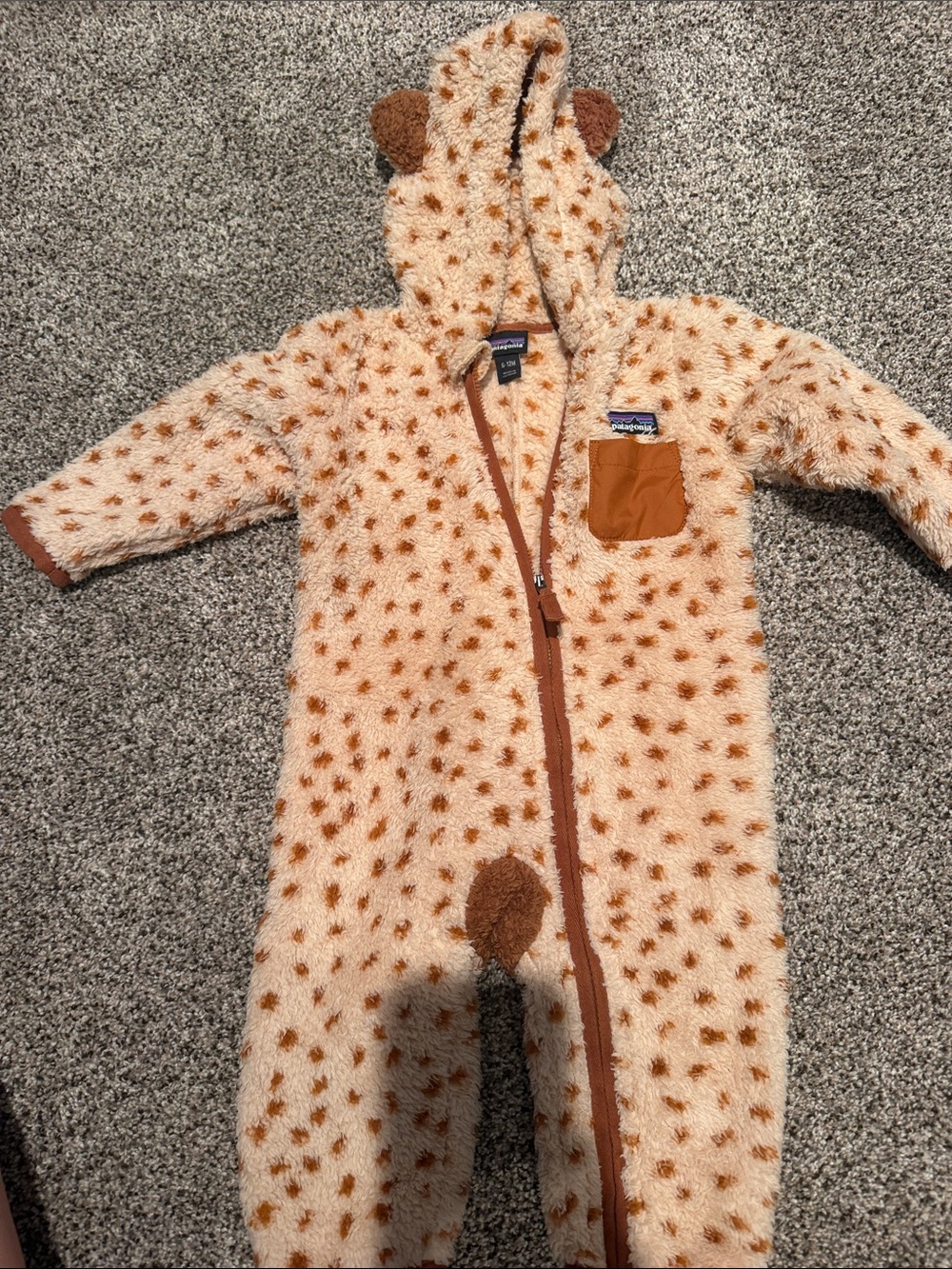 Patagonia Cream One-Piece Fuzzy Bodysuit with Brown Spots & Hood